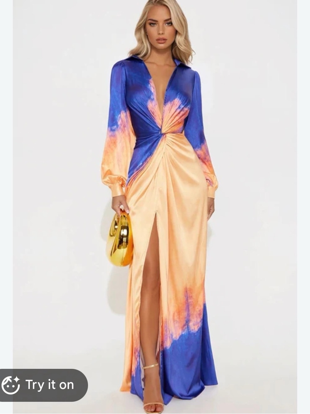 Fashion Nova Satin Twist Maxi Dress in Blue and Peach